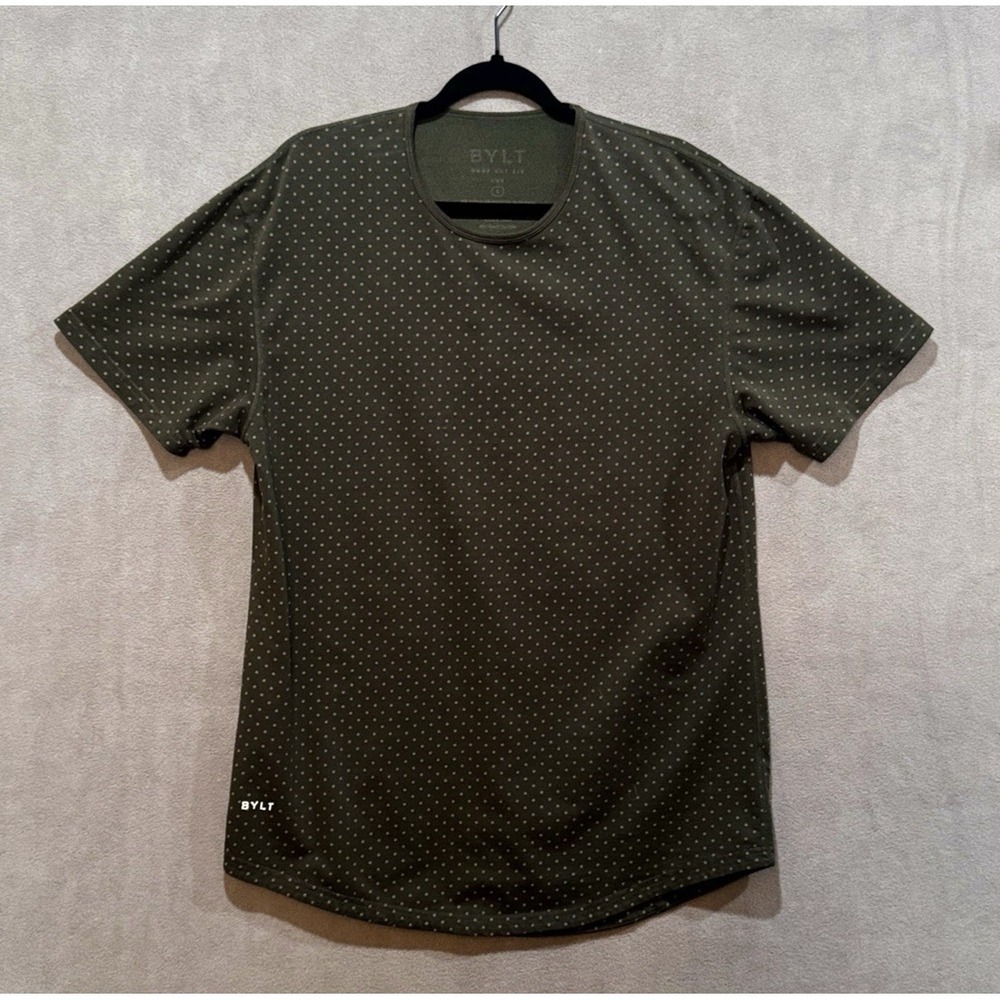 BYLT Drop Cut LUX Shirt Womens Large‎ Olive Green Polka Dot Curved Hem Tee